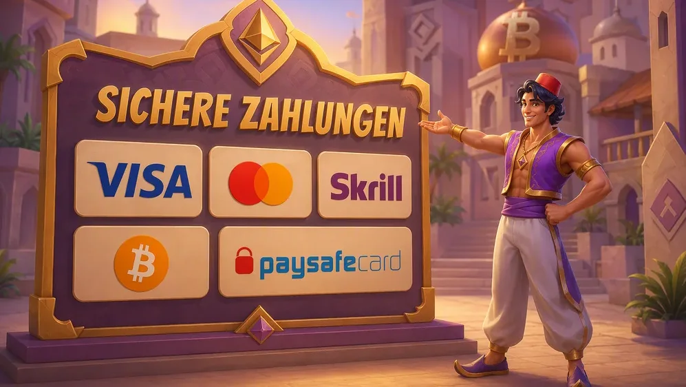 Logos von Visa, Mastercard, Skrill, Bitcoin und Paysafecard
