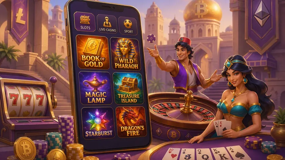 Spielraster mit Slots, Live-Tischen und Sportwetten-Interface